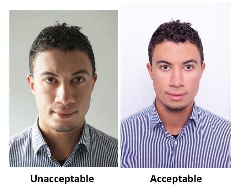 Irish passport photo example with poor lighting next to acceptable evenly lit portrait (Ireland — Ireland Passport Photo ID photo guide)