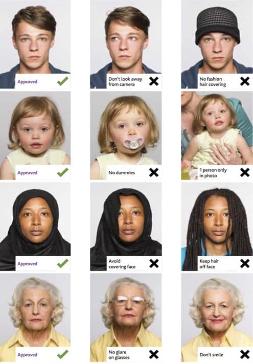 Midlothian Council panel comparing acceptable and unacceptable travel pass photos (United Kingdom — UK Bus Pass / Travel Pass ID photo guide)