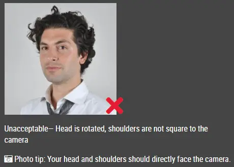 Passport photo example with incorrect head rotation (China (中国) — Visa (2x2 inch) ID photo guide)
